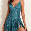 Aleumdr Ribbed One Piece Swimdress Swimsuits for Women Tummy Control Tie Knot Swim Skirt V Neck Bathing Suit (Blue, M)