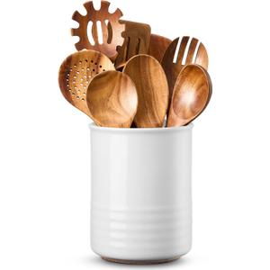 Utensil Holder, 6.7" Ceramic Kitchen Utensil Crock for Countertop Cooking, Modern Utensil Caddy Jar Organizer for Farmhouse Kitchen Counter Decor (White)