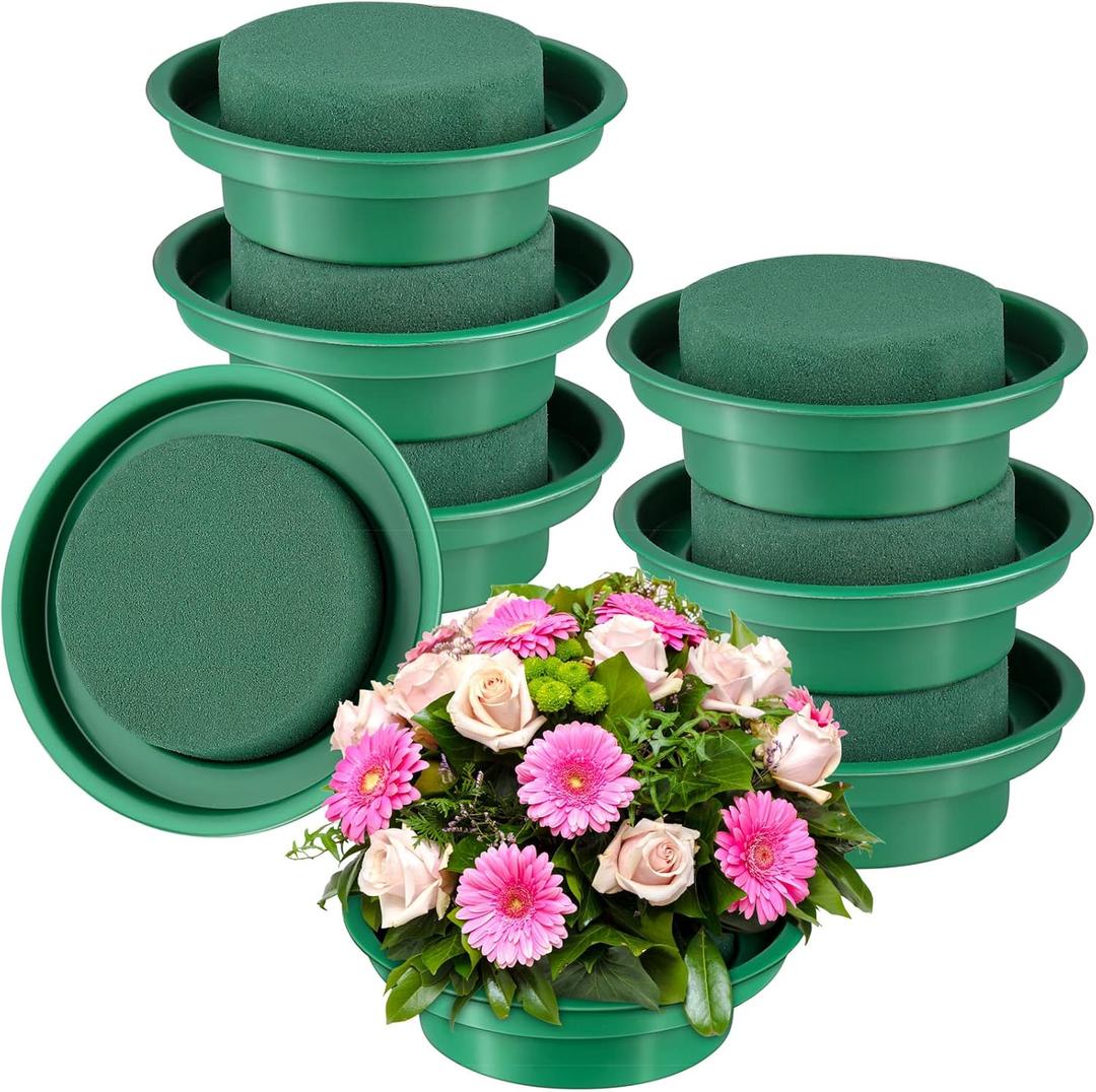 Hahood 8 Packs Green Floral Foam Rounds in Bowls DIY Flower Arrangement Kit for Fresh and Artificial Flowers, 4.7 Inch Diameter, Simple Style, Flower Foam