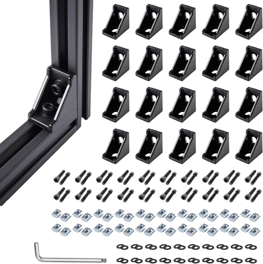 20 Sets Black 2020 Series Aluminum Extrusion T-Slot Corner Bracket Kit, Includes 20pcs Right Angle Connectors Gusset, 40pcs T-Nuts and Screws, for 6mm V-Slot Profile Hardware Accessories