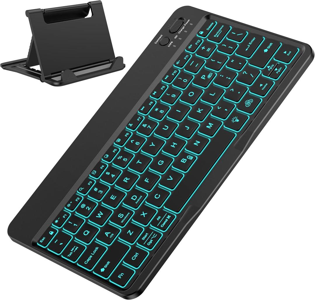 OMOTON Bluetooth Keyboard for Tablet/Android/Windows/iOS, with 7 Colors Backlight Rechargeable Wireless Mini Keyboard for Galaxy Tab A9+/A9+ Plus/S9/S9 Plus/S9 FE, Black