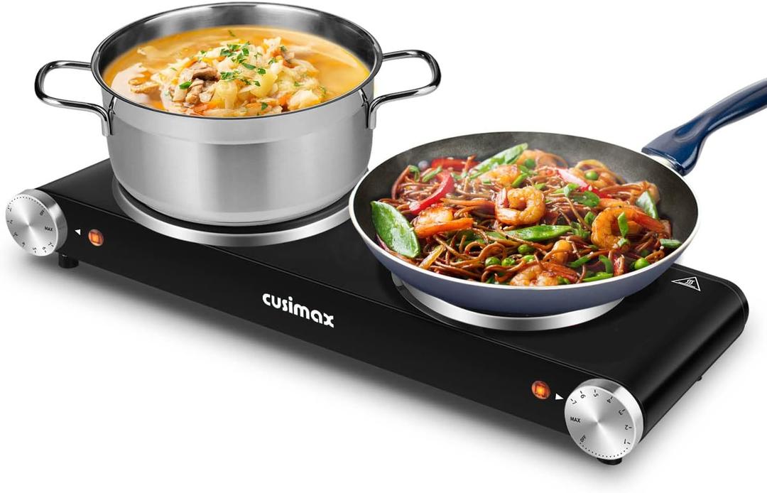 Cusimax Hot Plate for Cooking 1800W Portable Electric Double Burner Countertop Cooktop Cast Iron Stove Heating Plate with 7 Power Levels Adjustable Temp Control, Compatible for All Cookwares (Black)
