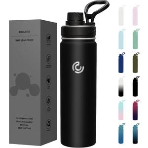 Sports Water Bottle 22oz, Insulated Water Bottle with Handle,Stainless Steel,Simple Modern,Suitable for Travel, School, Boy, Girl(Black)