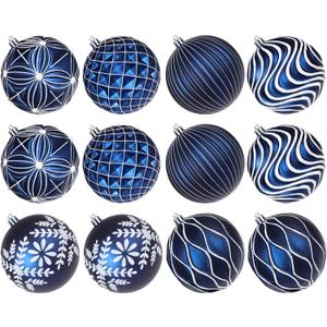Lanpn 12 Pcs 4" Large Christmas Balls Ornaments, Outdoor Xmas Tree Hanging Decorations, Shatterproof Christmas Ball Ornament Set for Home Winter Holiday, Assorted Relief Pattern, Blue & White