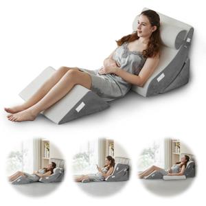 Ganaver 4pcs Orthopedic Bed Wedge Pillow Set Post Surgery Relaxing Back Adjustable Head Support Cushion Triangle Memory Foam Pillow for Acid Reflux Sleeping Reading Leg Elevation Snoring (White Grey)