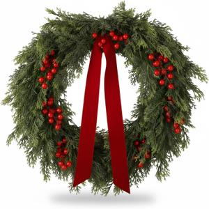Suncalla 24'' Artificial Cedar Wreath for Front Door Christmas Wreaths Faux Cedar Decorated with Berry and Ribbons Xmas Wreath for Indoor Window Holiday Decor