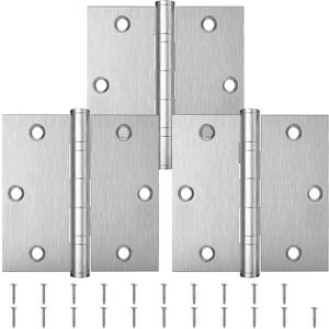 KOLET Ball Bearing Door Hinges, 3.5 x 3.5 Inches Door Hinges, Square Corner Heavy Duty Hinges, Stainless Steel Hinges, No Squeak and Non Removable Pin, Brushed Nickel, 3 Pack (Silver)