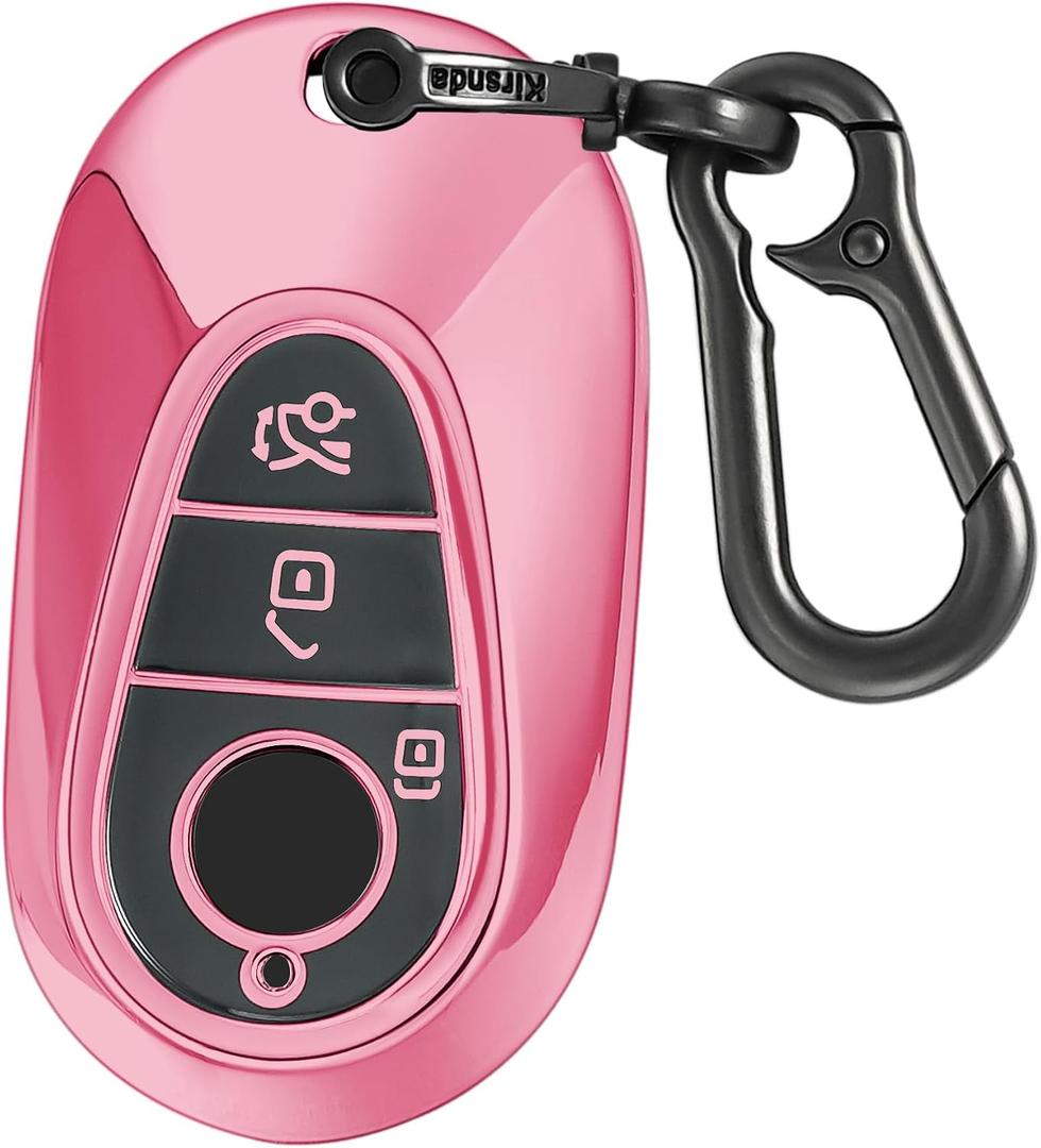Kirsnda for Mercedes Benz Key Fob Cover with keychian,TPU Protection Key Case Compatible with E Class S Class G Class smart Remote Key (Rose Pink,3 Button)