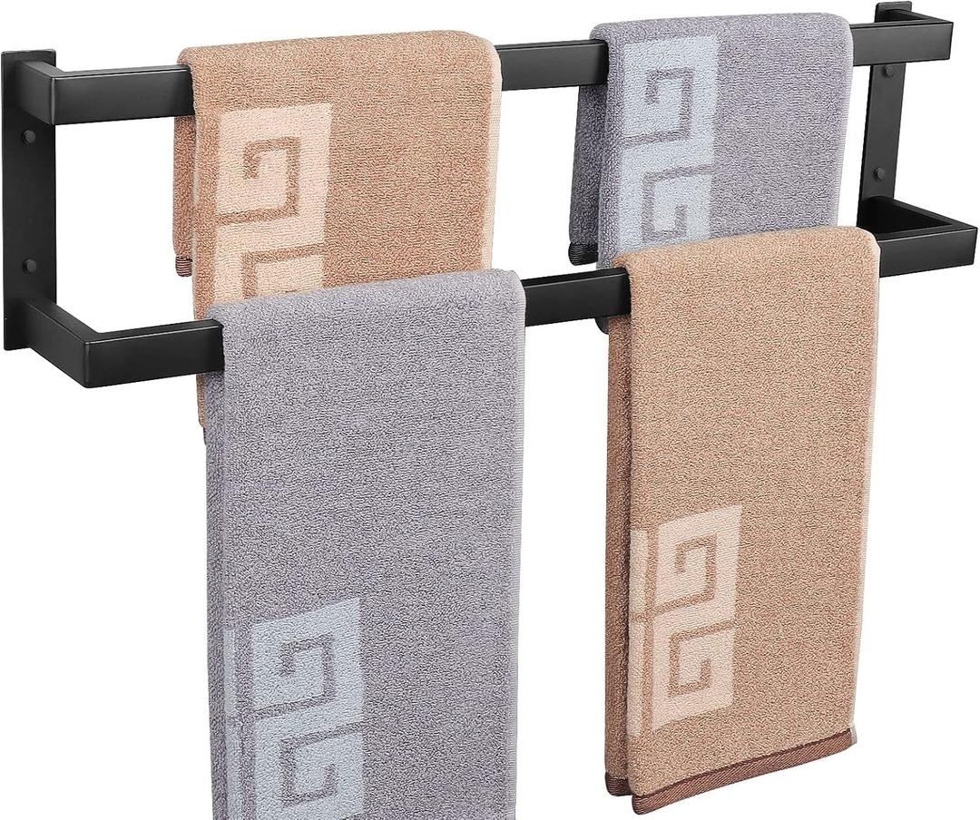 NearMoon Bathroom Towel Bar, Towel Rod Holder, Square Shelf Rack Hanging Towel for Bath, Thicken SUS304 Stainless Steel Towel Rack Wall Mounted-2-Tier Bath Accessories (24 Inch, Matte Black)