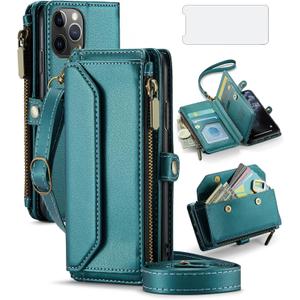 Asuwish Phone Case for iPhone 11 Pro Max 6.5 Zipper Wallet Cover with Tempered Glass Screen Protector and Leather Flip RFID Blocking Card Holder Cell iPhone11 11pro Promax i XI Plus Women Girls Green