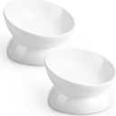 LoeJan Elevated Cat Food Bowl, 5 Oz Ceramic Raised and Tilted Water Bowl, Anti Vomiting and Protect Pets' Spines Dishes for Small Dog, Fat Faced Cat, Kitten (White, 2 Pack)