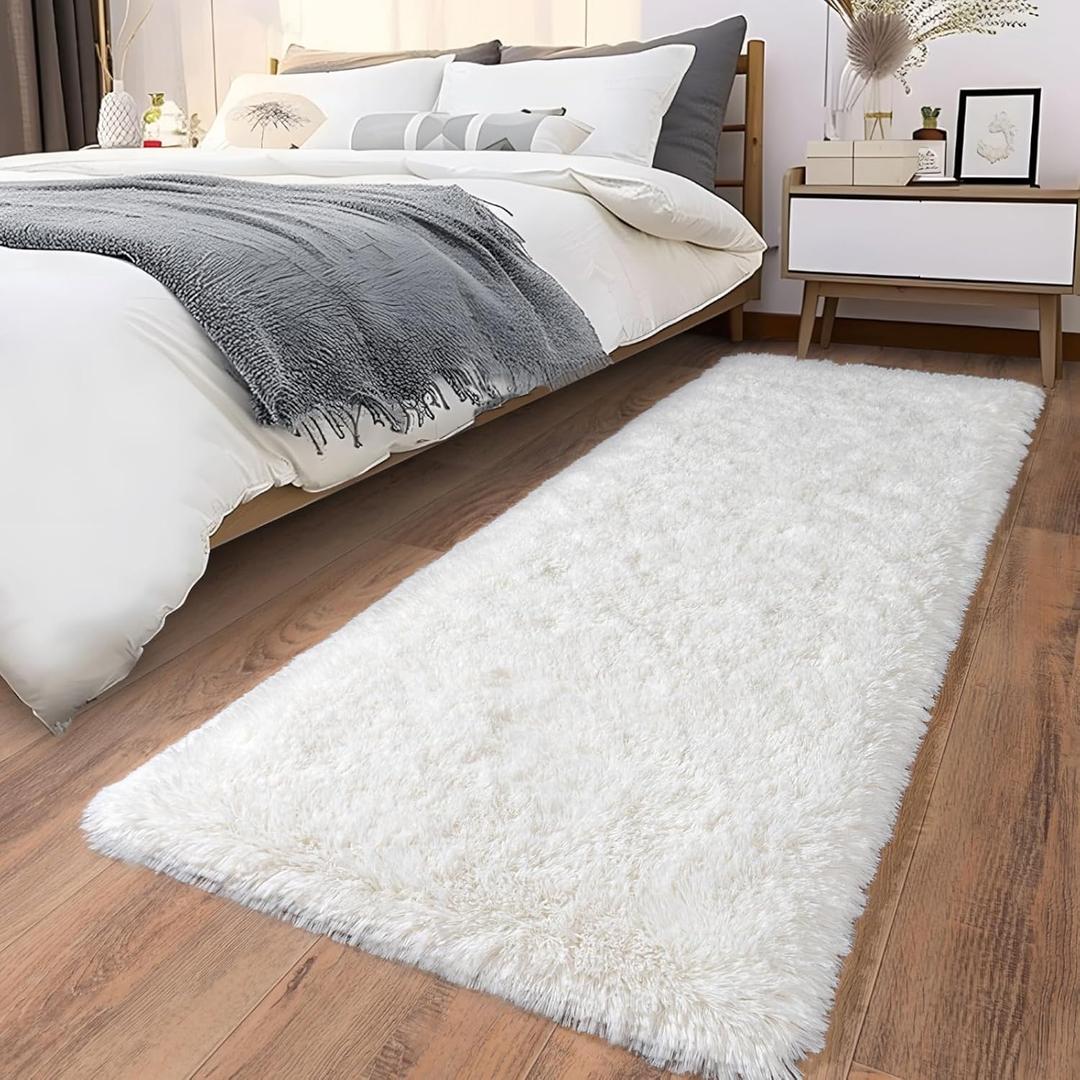 Ultra Soft Runner Rugs for Bedroom Hallways with Upgraded Non-Slip Rubber Backing & Thick Memory Sponge, 2x8 Feet Fluffy Shag Throw Area Rug for Bedside Dorm Cream