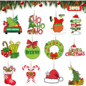 Christmas Tree Decorations 24Pcs Green Truck Candy Ball Wooden Tree Ornaments Merry Christmas Cute Xmas Hanging Ornaments for Indoor Home Mantle Fireplace Party Supplies