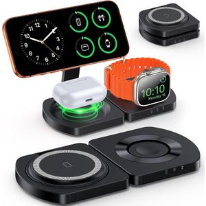 EGV Wireless Charger for iPhone, 3-in-1 Magnetic Charging Station for Apple, MagSafe Charger Stand for iPhone 17 Air 16 15 14 13 12 Series, Airpods Pro, Apple Watch Ultra, Foldable, No Adapter, Black