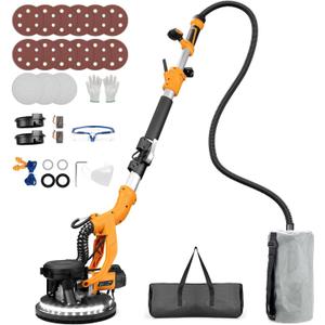Electric Drywall Sander, 2200RPM Drywall Sander with Vacuum, 1000W Automatic Dust Collector with LED Light, Foldable Popcorn Ceiling Removal Tool with 6 Variable Speed &15Pcs Sanding Discs (Orange Yellow)