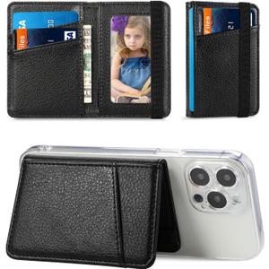 Wallet Stick on Phone Case, Credit Card Holder for Back of Phone Cases Flip Leather Wallet Sleeve Pouch Compatible with iPhone, Samsung Galaxy Android Most Smartphones Black