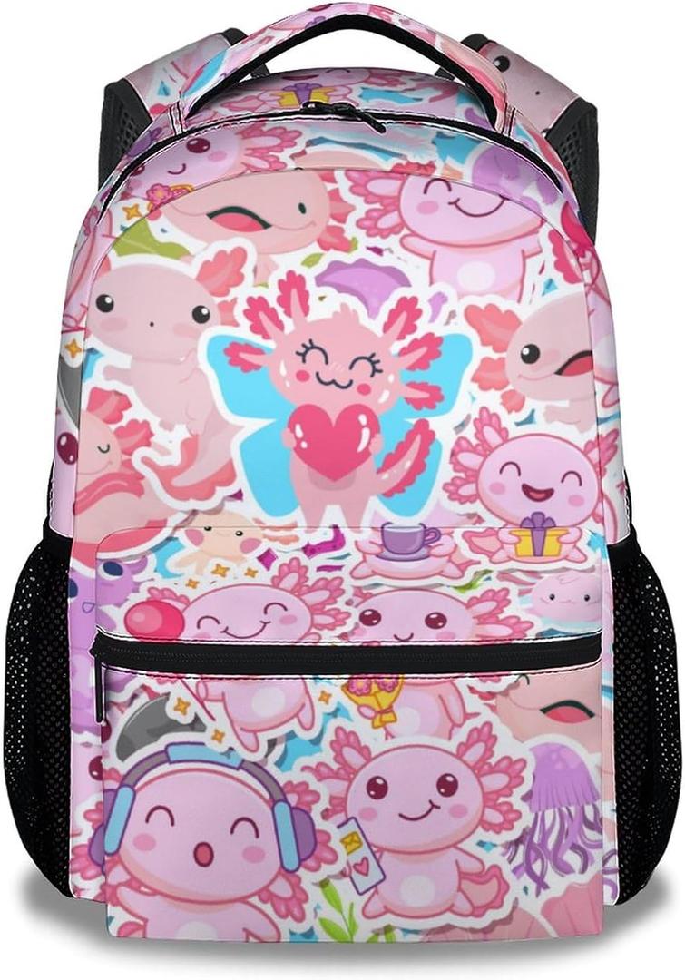 Girls Backpack for School - 16" Cute Axolotl Backpacks for Kids - Pink Large Capacity Lightweight Bookbag for Students - Cartoon Animals School Bag for Preschool