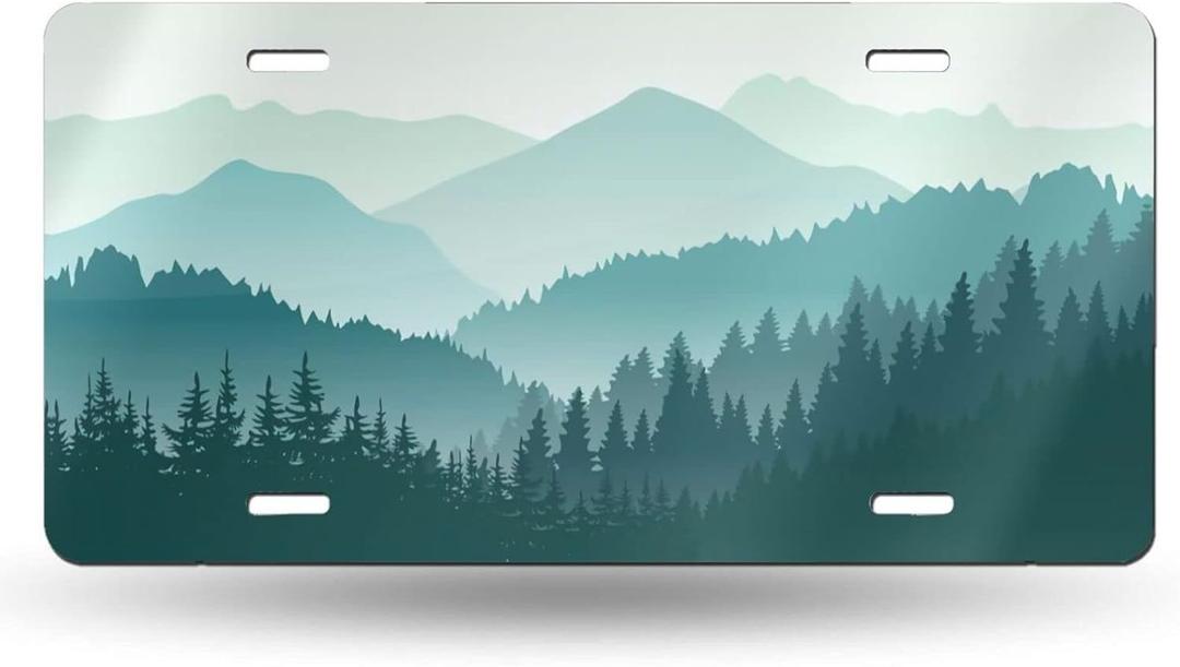 Beautiful Green Mountain Landscape Front License Plate Aluminum Decorative License Plates Funny Metal Car Plate 6"X12" Novelty Vanity Tag Cover with 4 Holes Car Decor Accessory (One Size, Bronze)