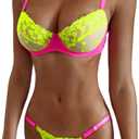 Kaei&Shi Glow In The Dark, Black Light, Heart Embroidered, Underwire Lingerie (12, Neon Green)