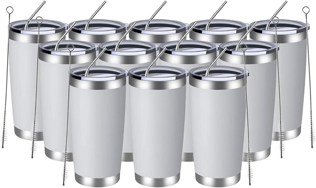 MEWAY 20oz Tumbler 12 Pack Double Wall Vacuum Insulated Travel Mug Bulk, Stainless Steel Tumblers with Lid and Straw, Durable Powder Coated Coffee Cups for Cold & Hot Drinks (White, 12)