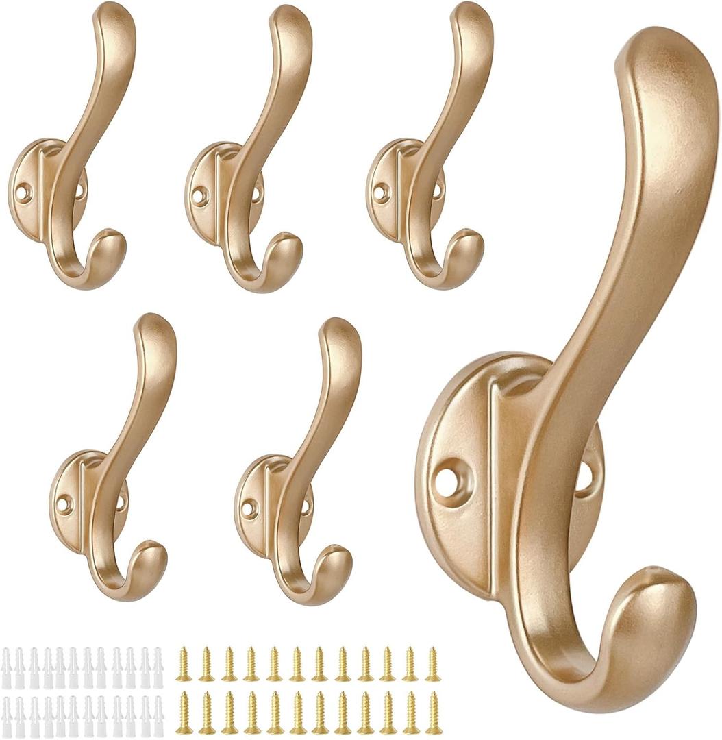 6 Pack Coat Hooks Wall Mount Heavy Duty Utility Retro Double Hooks for Hanging Coats,Hat, Towel, Key, Robe, Scarf, Bag, Cap (Gold)