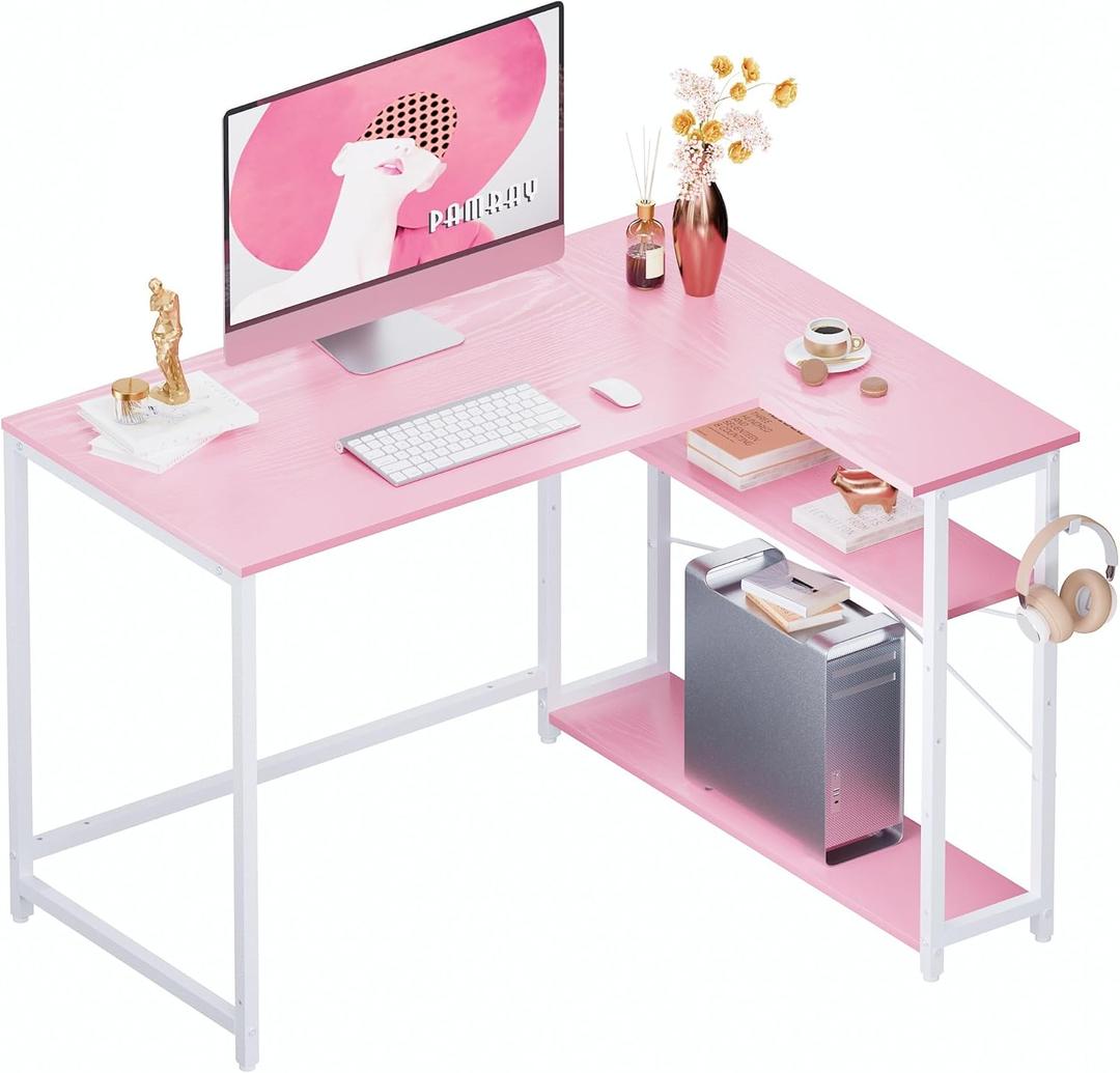 Pamray 43 Inch L Shaped Computer Desk with Reversible Side Storage Shelves, Small Corner Desk for Small Space Home Office,Writing Study Table PC Desk for Bedroom, Pink with White Leg