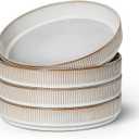 E-far Pasta Bowls Set of 4, 35oz Large Salad Bowl Plate for Dinner Serving Soup, Wide & Shallow Ceramic Stoneware Pasta Plates, Microwave & Dishwasher Safe, Reactive Glaze Texture-Stripe, Creamy Beige