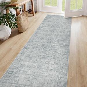LIVEBOX Washable Runner Rug 2.5x8 - Long Grey Kitchen Rug, Low-Pile Floral Oriental Anti-Skid Carpet Runners for Hallway Bedroom Entryway, Silverygray