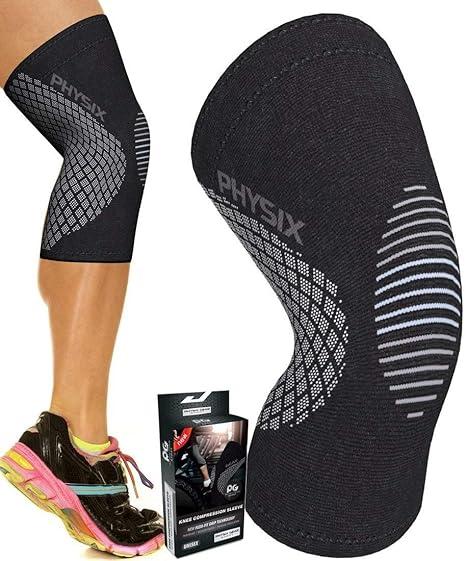 Physix Gear Knee Compression Sleeve for Men & Women - Best Compression Knee Brace for Walking, Running, Gym, Basketball, Weightlifting,Workout, Sports - Knee sleeves Support Compression & Stability (Beige/Black)