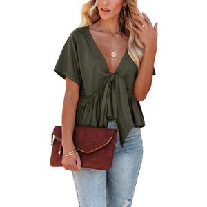 Fanway&EC Women's Short Sleeve V Neck Blouses Ruffle Hem Tie Front Crop Tops Lightweight Basic Summer Tops, XX-Large