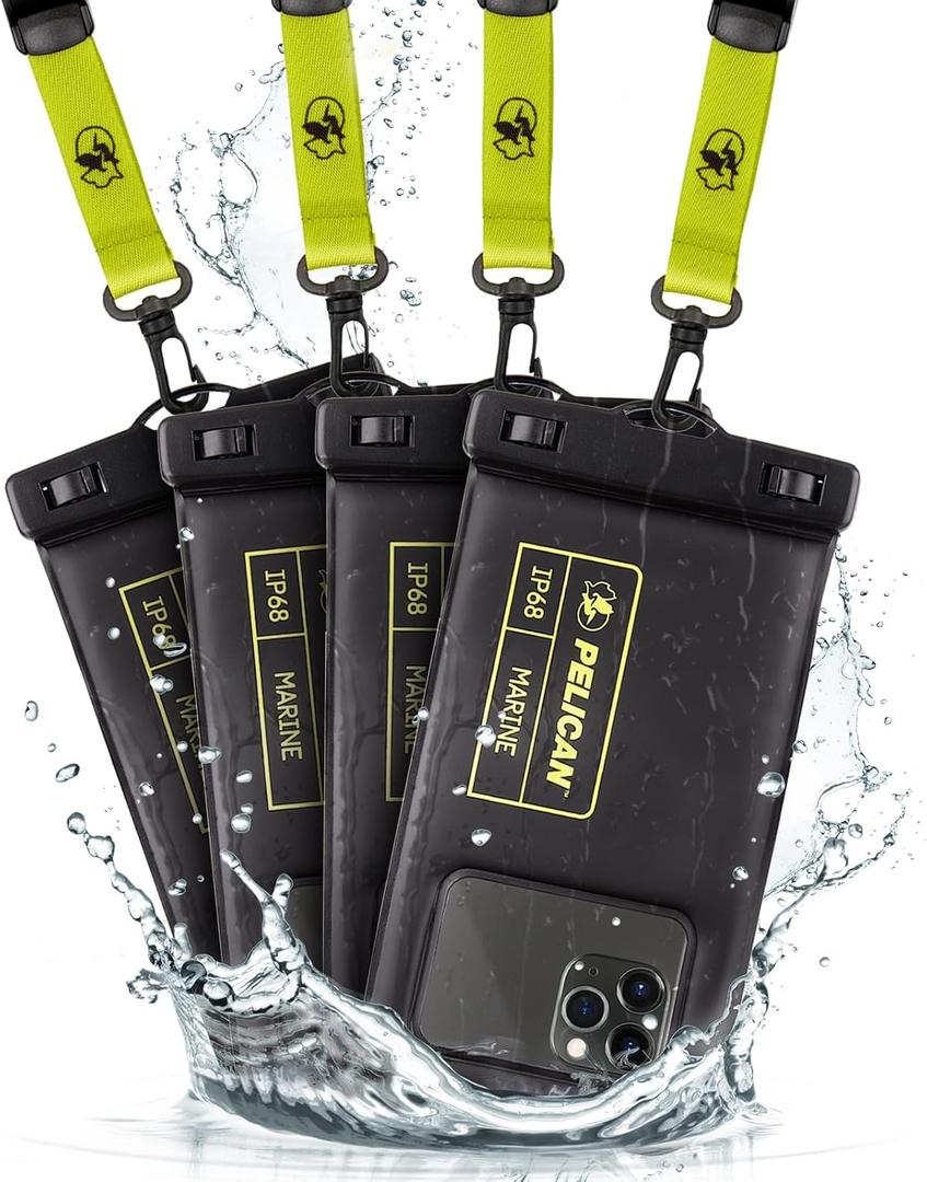 Pelican 3 Pack Marine - IP68 Waterproof Phone Pouch (Regular Size) Floating Waterproof Phone Case - Beach Cruise Ship Travel Essentials - Works w/ All Phones - Detachable Lanyard - Black/Hi-Vis Yellow