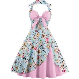 Women Vintage Polka Dot 1950s Rockabilly Halter Audrey Dress Retro Floral Evening Cocktail Swing Dress XXL