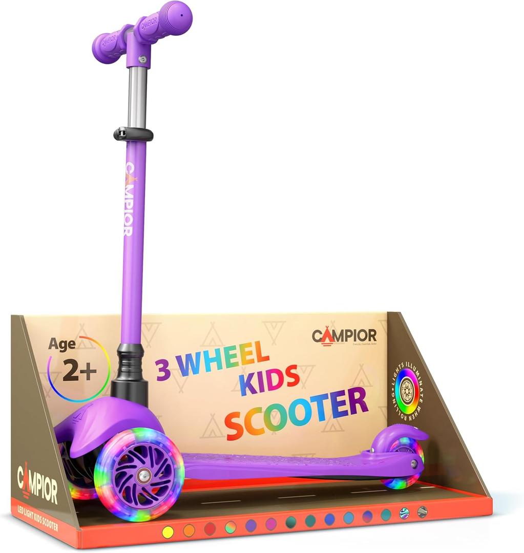 Purple Mini 3 Wheel Scooter for Kids  Lean-to-Steer with LED Light-Up Wheels, Adjustable Handlebar, Wide Anti-Slip Deck, Smooth PU Wheels, Rear Foot Brake  Toddler Scooter for Ages 2+