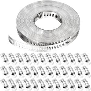 Hose Clamps 32.8FT Strap+30 Fasteners,DIY Cut-To-Fit 304 Stainless Steel Adjustable Large Worm Gear Band Clamp Assortment Kit,Metal Screw Fasteners and Strapping for Pipe,Duct,Pole,Tube