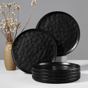HaWare Stoneware Dinner Plates Set of 6, 10" Heavy Duty Ceramic Plate, Reactive Glaze Ripple Dinnerware for Home Restaurant, Chip and Scratch Resistant, Microwave and Dishwasher Safe, Matte Black