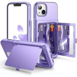 WeLoveCase for iPhone 13 / iPhone 14 Wallet Case with Credit Card Holder & Hidden Mirror, Two Layer Shockproof Heavy Duty Protection Cover Protective Case for iPhone 13/14 6.1 Inch - Light Purple