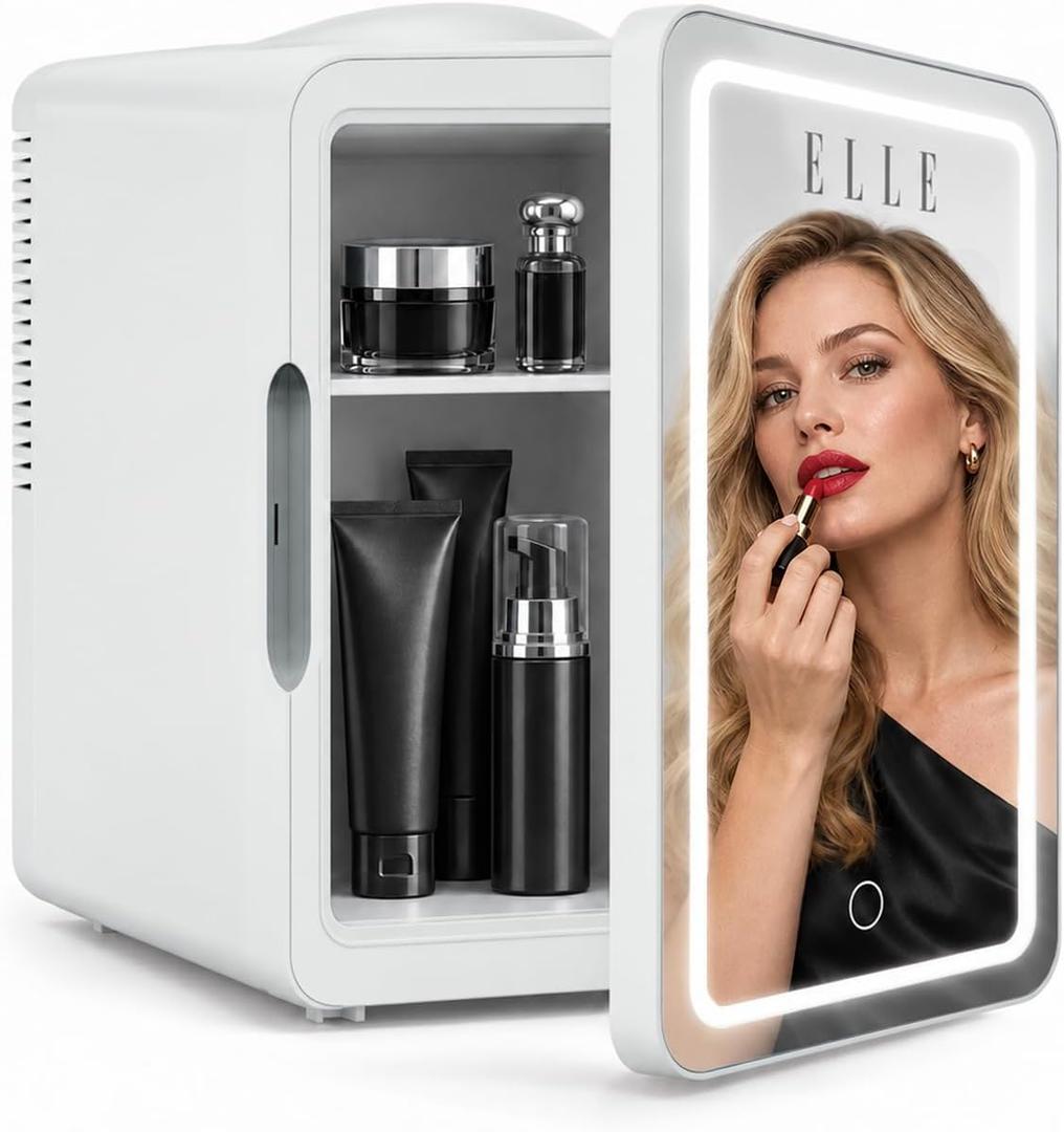 ELLE 6L Mini Cooler Fridge with LED Makeup Mirror for Skincare & Cosmetic Storage Cooler & Warmer Removable Shelf Carrying Handle AC DC Power Options Small Refrigerator for Bedroom Car Office White