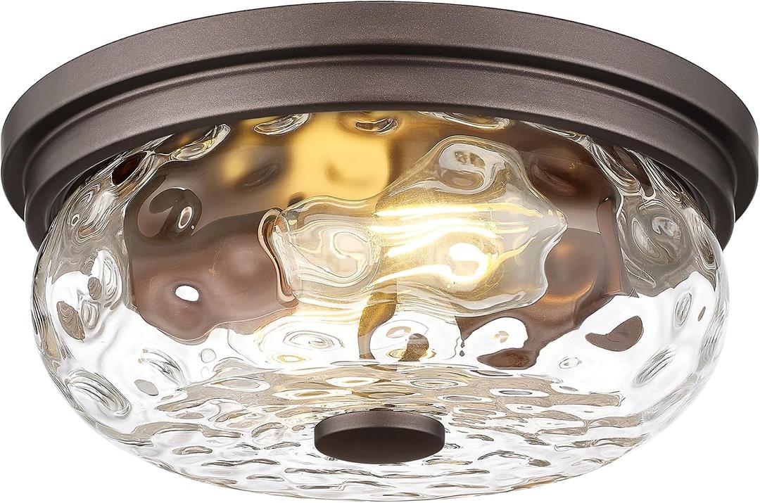 Farmhouse Ceiling Light Fixtures, HWH 2-Light Flush Mount Ceiling Light for Bedroom, Indoor Ceiling Mount Light with Water Ripple Glass, Oil-Rubbed Bronze Finish, 5HJX109F ORB-WG