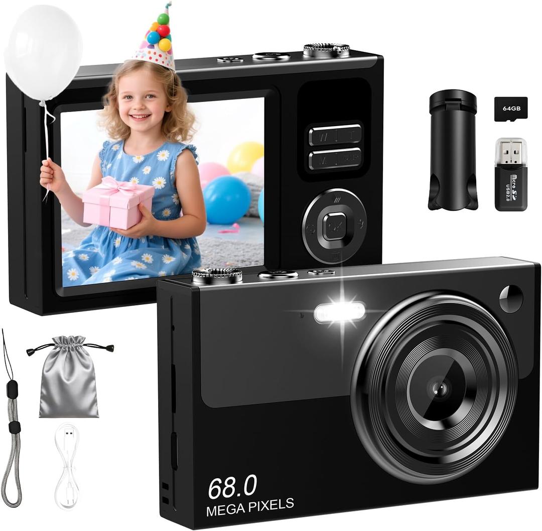 Digital Camera for Kids & Beginners, 4K Digital Camera with 64GB SD Card 16X Zoom Anti-Shake, Compact Point and Shoot Camera with 2.8" Screen, Portable Small Camera for Students, Travel & Gifts Black