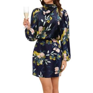 ZTMZA Cocktail Dresses for Women Long Sleeve Satin Short Formal Dress Elegant Mock Neck Silk Wedding Party Mini Dresses Floral Navy Blue, XX-Large