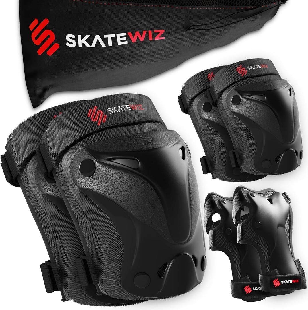 SKATEWIZ Skate Pads - Knee and Elbow Pads & Wrist Guards for Roller Skating [6pc] Skating Protective Gear Adult and Kids - Roller Skate Pads (M - Teenager Slim, Black)