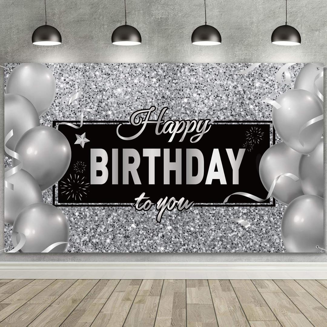 Sumind Black Silver Happy Birthday Banner Backdrop Party Decoration for Men Women Birthday Party Decorations Supplies Photo Props Background, 72. 8 x 43. 3 Inches