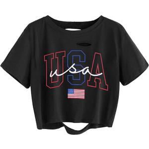 American Flag Crop Tops Women USA Crop Shirt Patriotic 4th of July Tee USA Shirts for Women  Large