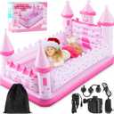 Pink Castle Inflatable Kids Bed, Toddler Travel Bed with Safety Bumper and Air Mattress Portable Air Mattress with Pump for Vacation Hotel Home Sleepover Kids Gift for Birthday Christmas