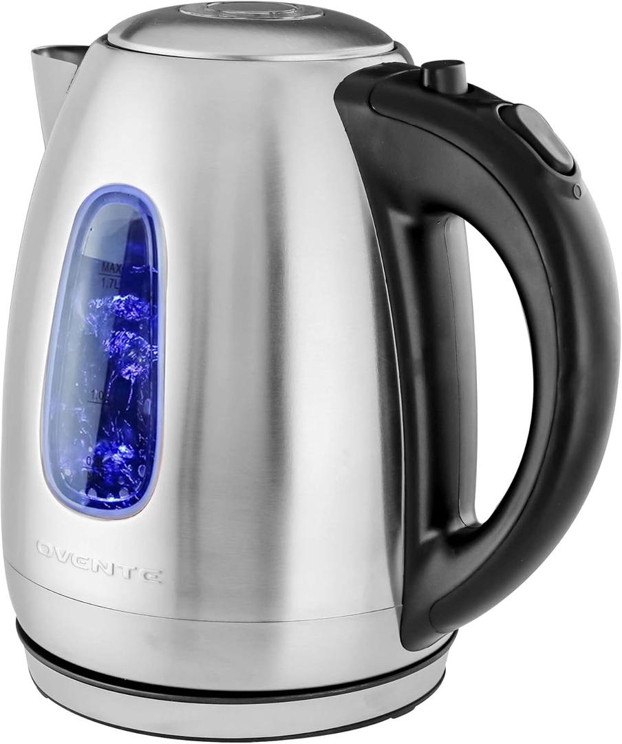 OVENTE Electric Kettle, 1.7L Stainless Steel Water Heater and Boiler for Coffee or Tea with BPA Free & Cordless Body, Auto Shut-Off, Boil-Dry Protection, LED Light and Removable Filter, Silver KS96S (1.8 Quarts)