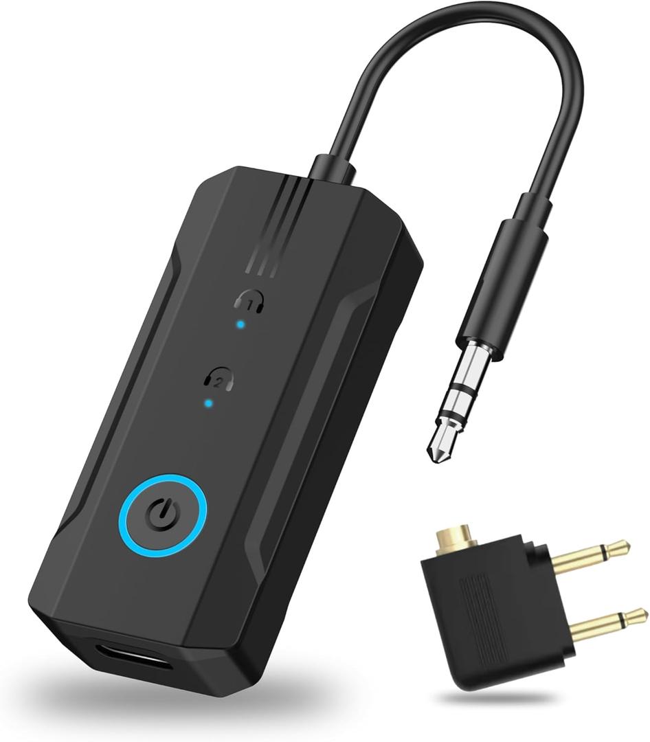 2026 Bluetooth 6.0 Transmitter Receiver, 2-in-1 Airplane Travel Adapter for 2 AirPods/Headphones, 3.5mm AUX for Flight/TV/Car, Compatible with Apple AirPods 1/2/3/4 & Pro 1/2/3