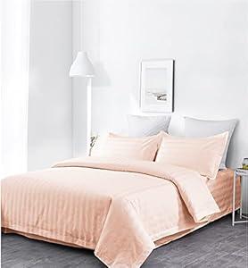 Lasin Bedding, Luxury Super Soft 100% Cotton Duvet Cover Pillowcases Fitted Sheet Set, Stripe, King, Peach