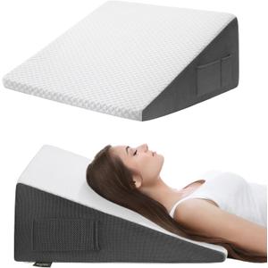 Cozymaker 12" Bed Wedge Pillow for Sleeping After Surgery, Back Support, Leg Elevation, GERD Acid Reflux, Relief Neck Pain, Sleep Apnea, Snoring, Cooling Memory Foam Triangle Incline Wedge (White-Grey)