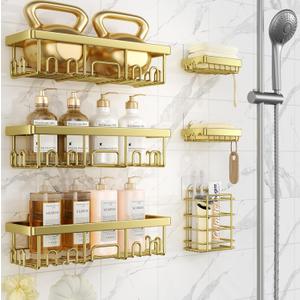 Veken Adhesive Shower Caddy 6-Pack,Gifts for Women Mom,Heavy Weight Bearing,Large Wall Mounted Bathroom Shelves Rack,Organizer Storage Accessories with Soap Dish&Toothbrush Holder,Bright Gold (6-Piece Set for Master Bathroom(Rustproof Upgrade))