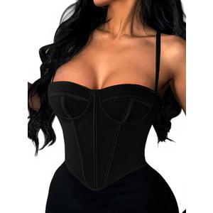Avanova Women Overbust Corset with Straps Bustier Corsets Sexy Going Out Cami Crop Top (Black, S)